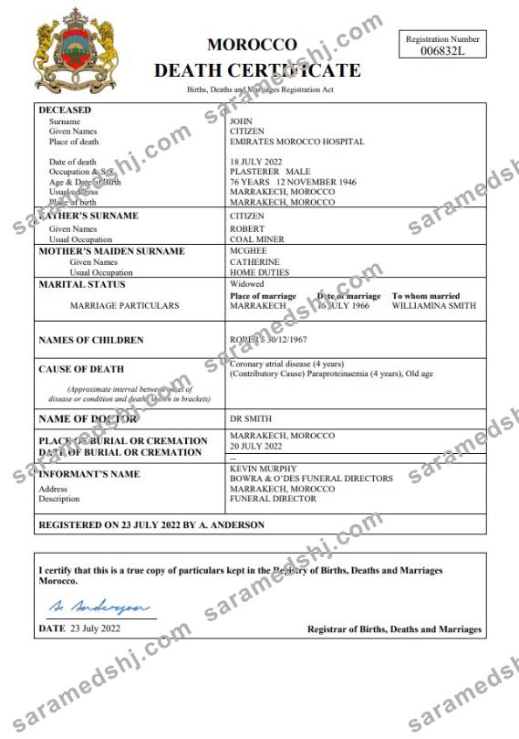 Morocco vital record death certificate Word and PDF template